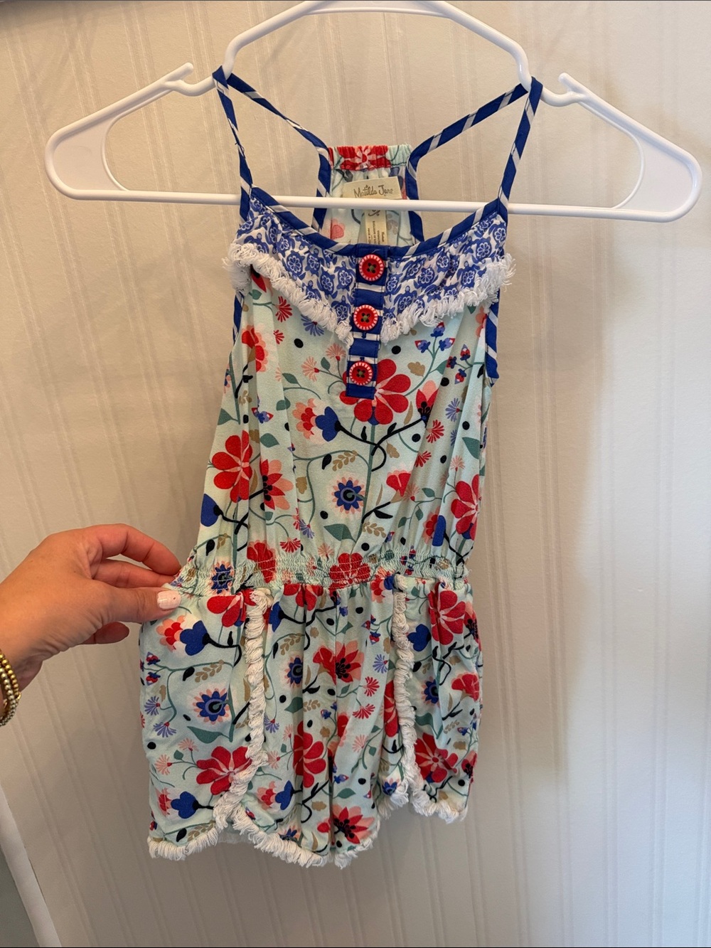 Matilda Jane Blue Floral Romper with Red Accents